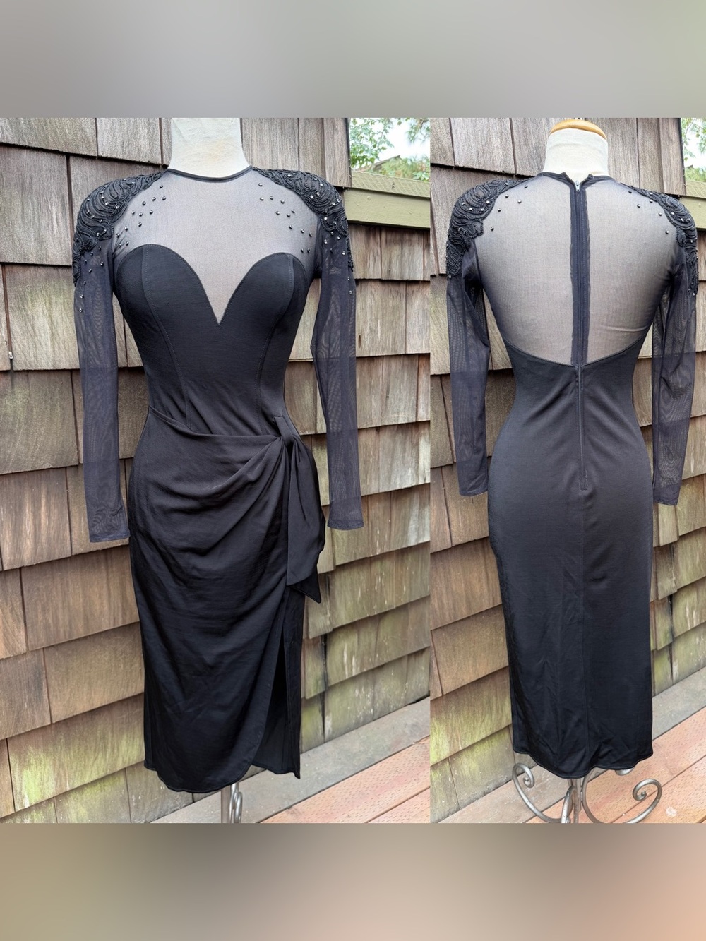 Vintage 80s midi black cocktail dress sheer bodice rhinestones Sz S by Cache